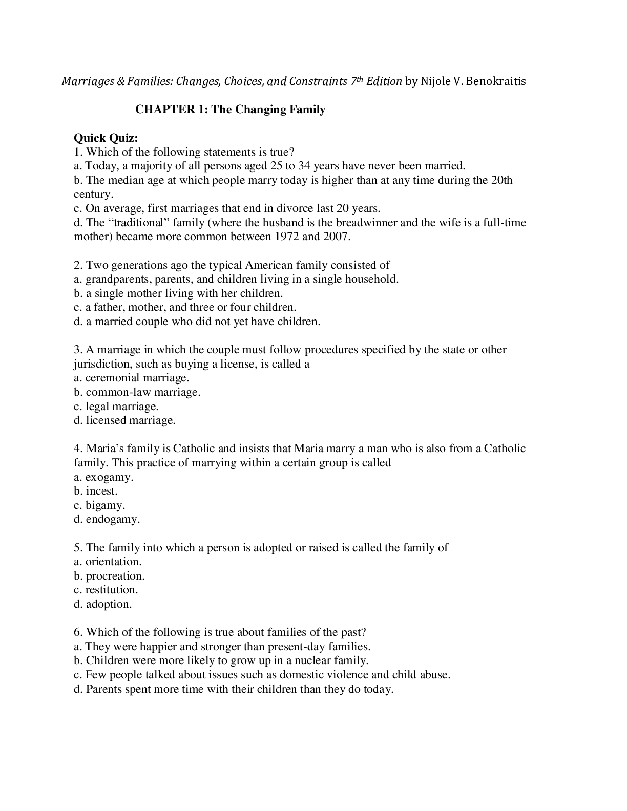 Preview image for Marriages & Families: Changes, Choices, and Constraints 7th Edition by Nijole V. Benokraitis